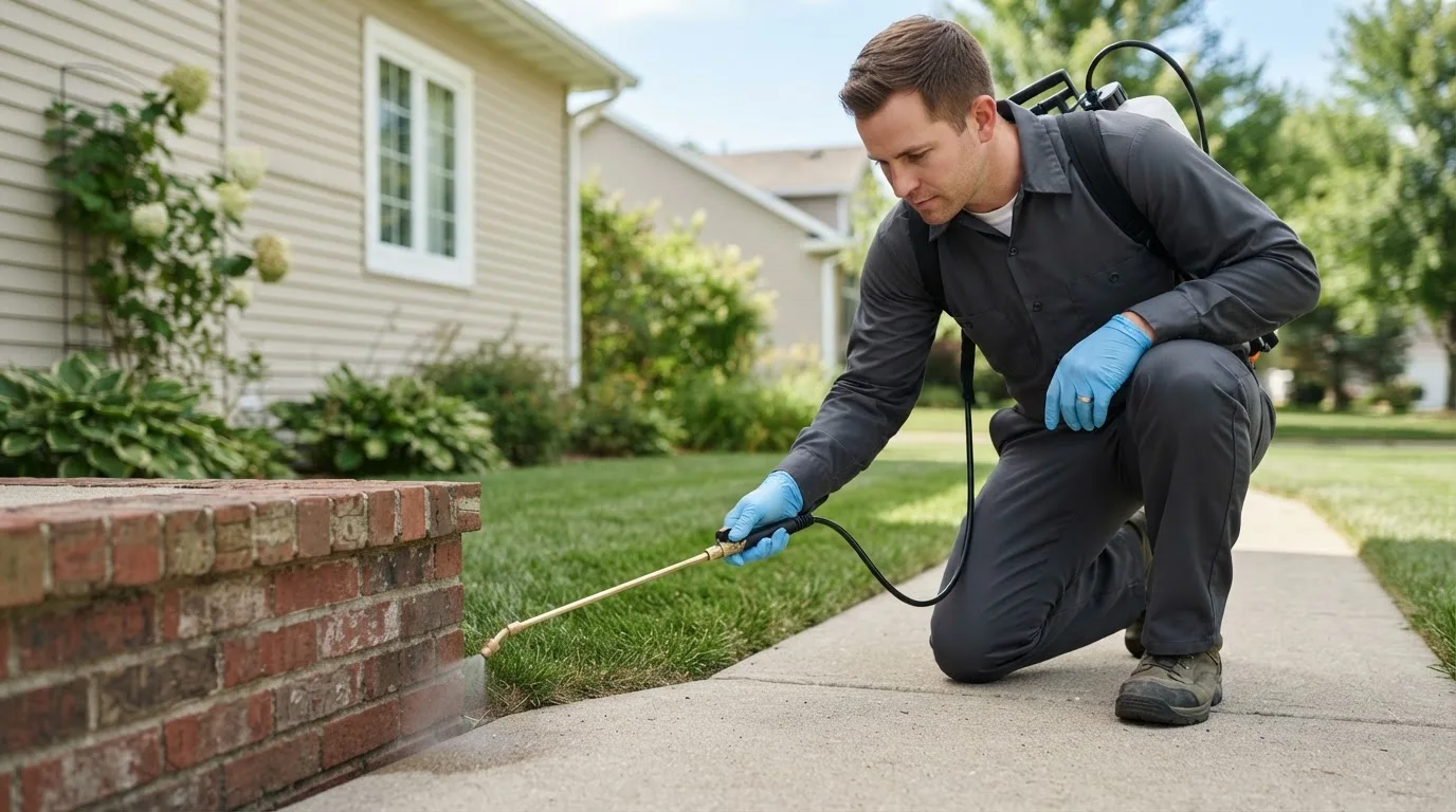 Pest control technician treating a home near Lake, MI