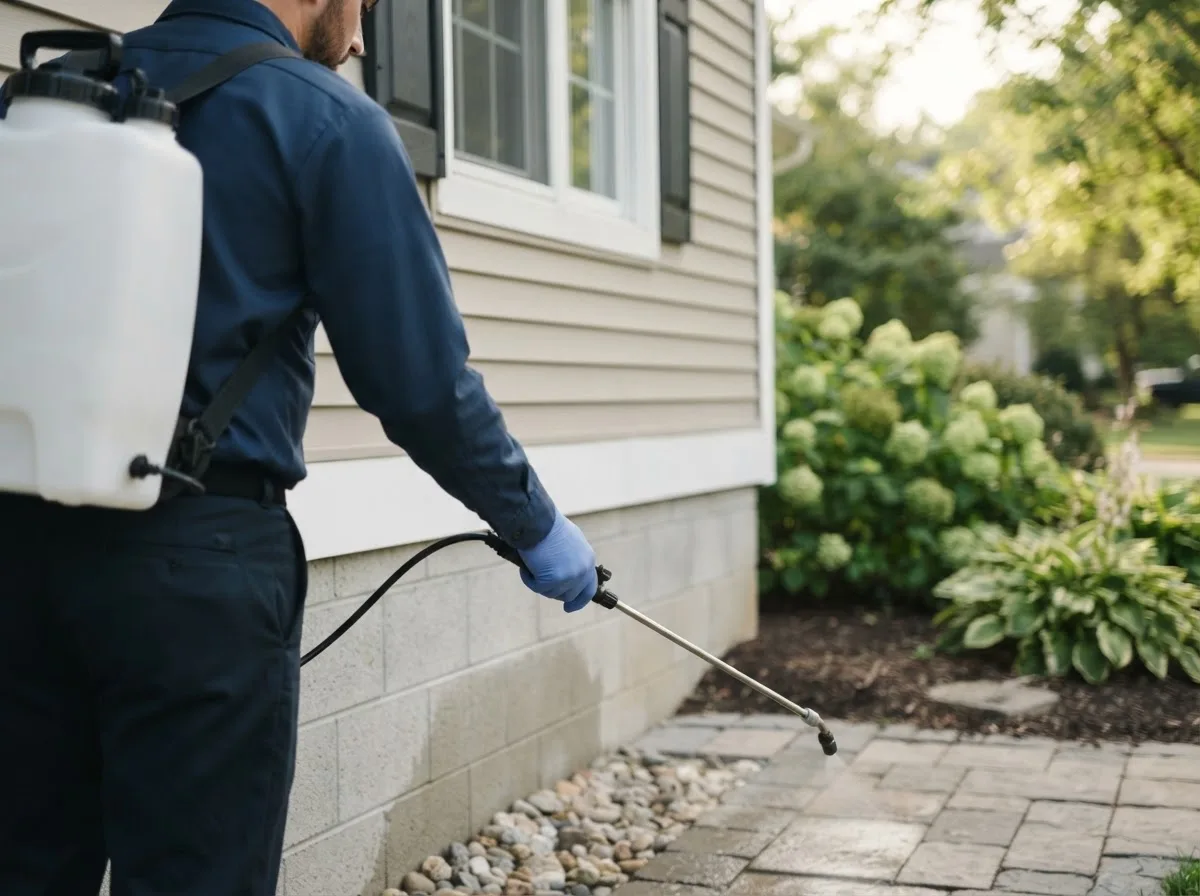 Pest control technician inspecting a home in Lake, MI